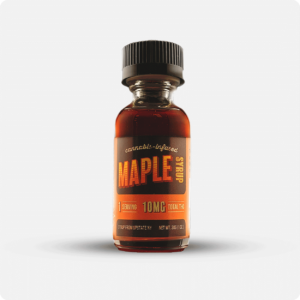Image of a small re-sealable jar filled with THC Infused Maple Syrup. On White