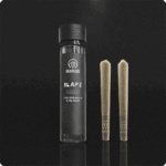 small glass jar, with black high peaks Slapz label on it and 2 high peaks Slapz pre-rolls. on black background 